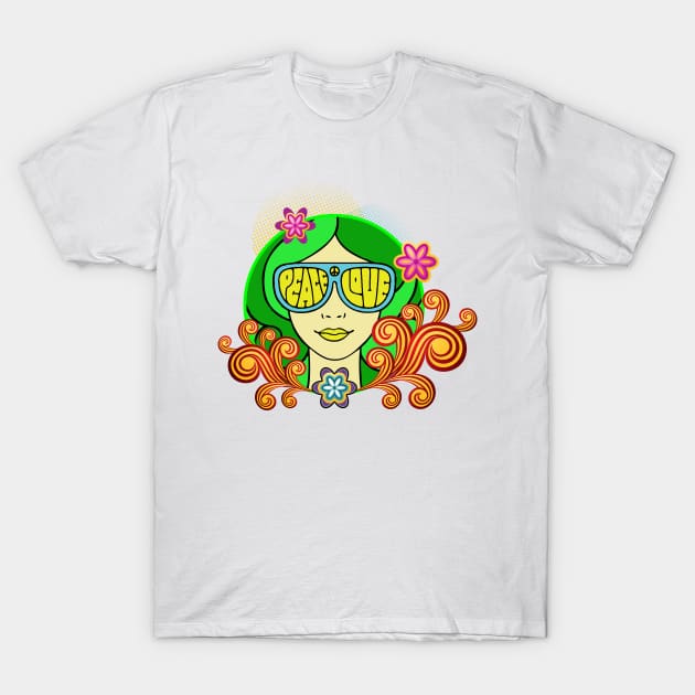 Peace And Love - Hippie Chick T-Shirt by EverGreene